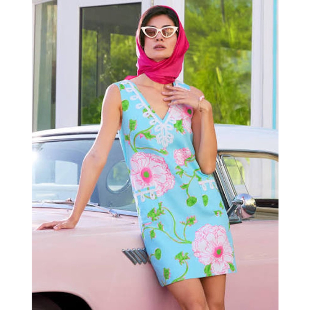 Sidonie Stretch Shift Dress - Fresh Water Blue Bursting Blooms - size 6 - NWT